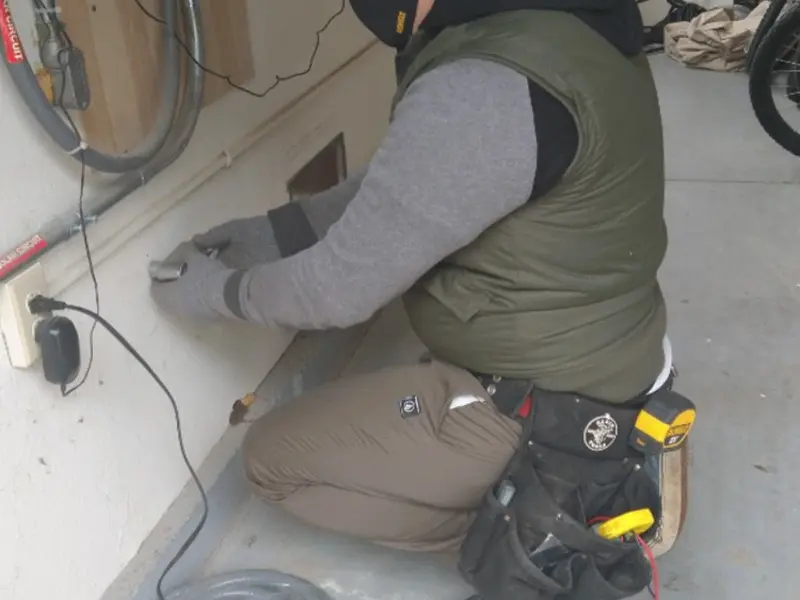 Electrician performing outlet wiring in a Collinsville garage